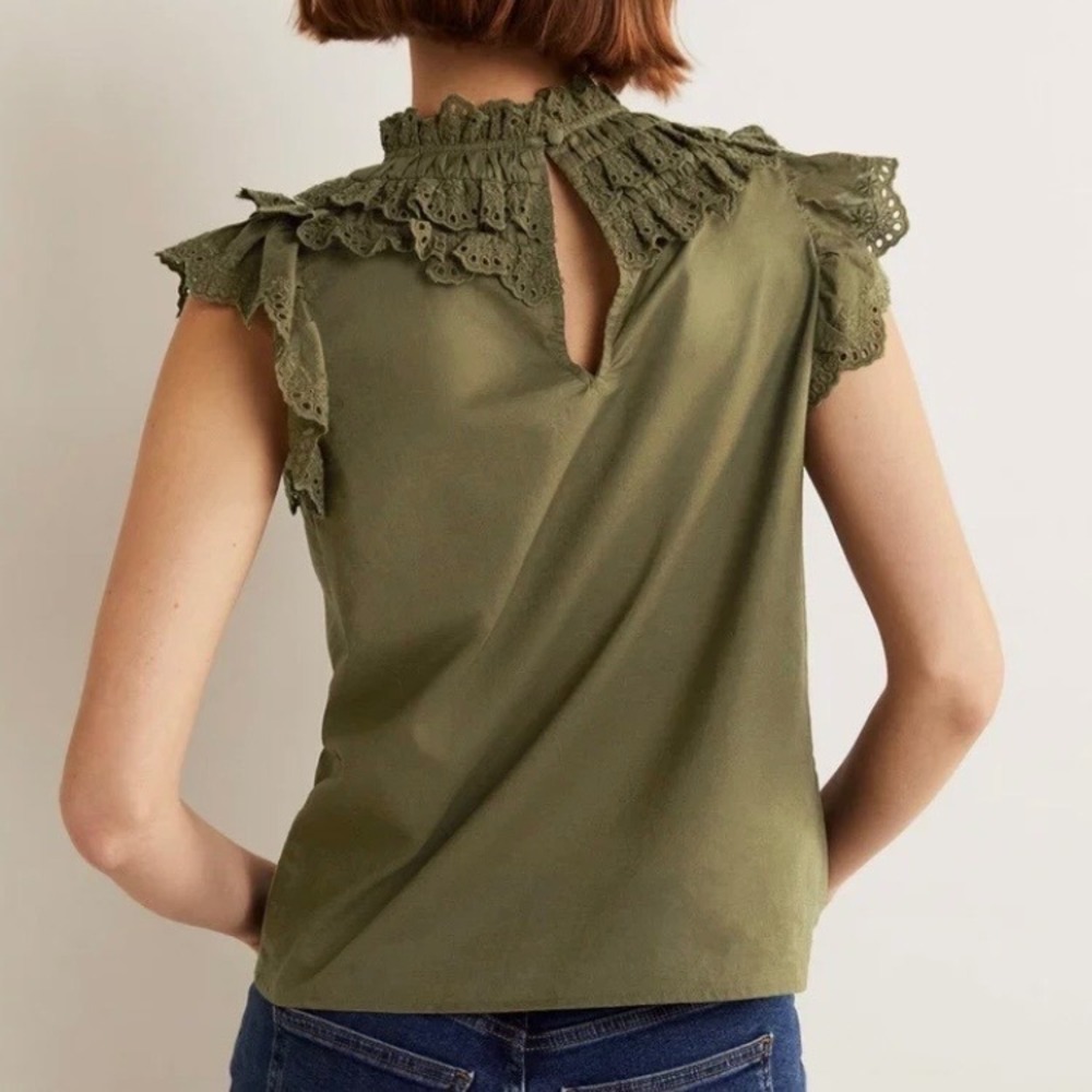 Boden Olive Green Eyelet Ruffle High Neck Sleeveless Cotton Blouse Top - Picture 2 of 12